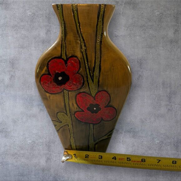 Handmade Studio Pottery Vase Red Poppy Flowers Signed JG 13 Mid-Century Style - Picture 9 of 11